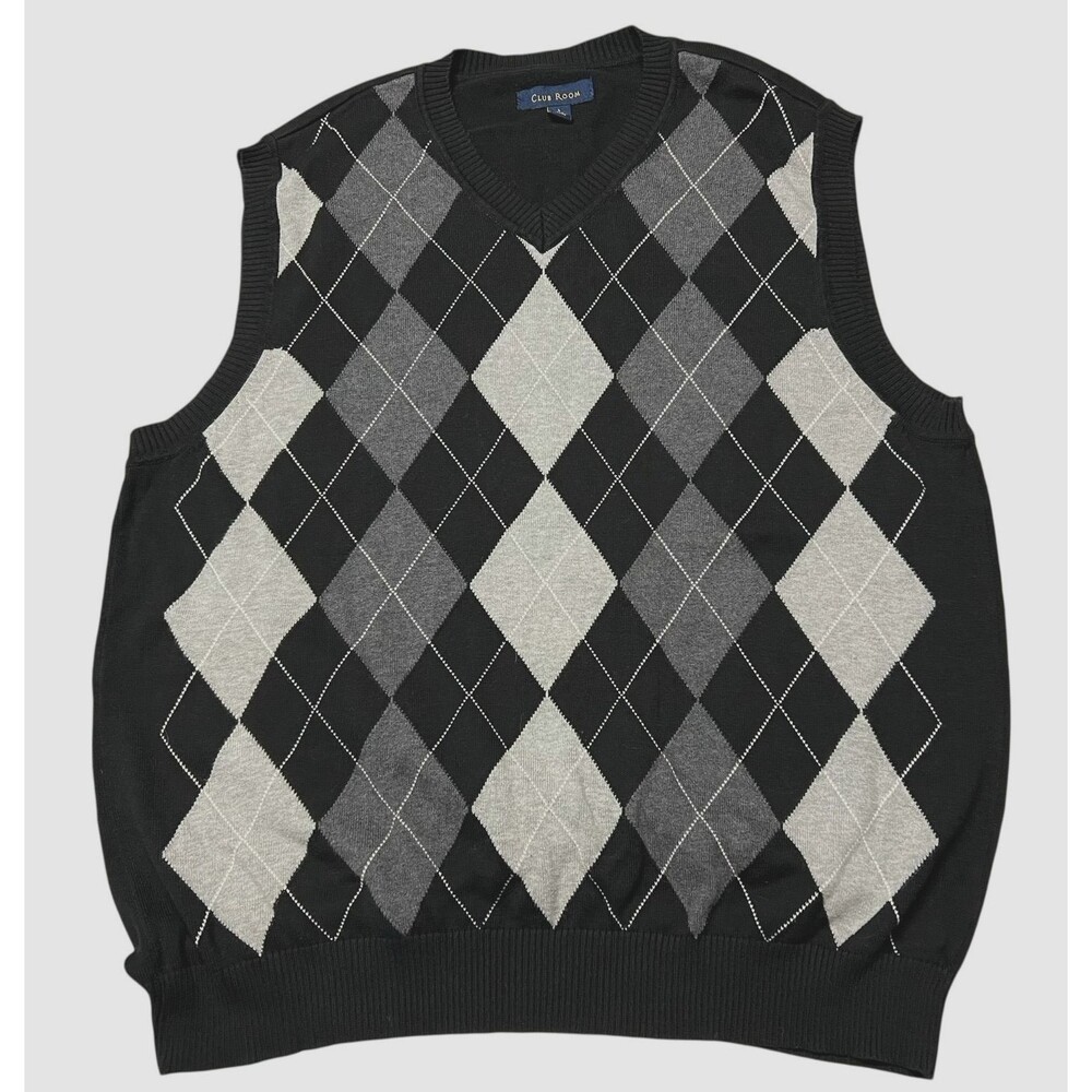Club Room Men’s Argyle Cotton V-neck Sweater Vest Size Large Black Gray